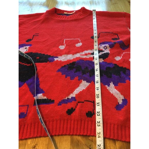 Vintage Red Knit Sweater Dance Music Theme Acrylic Novelty Design Made In USA - Picture 8 of 8